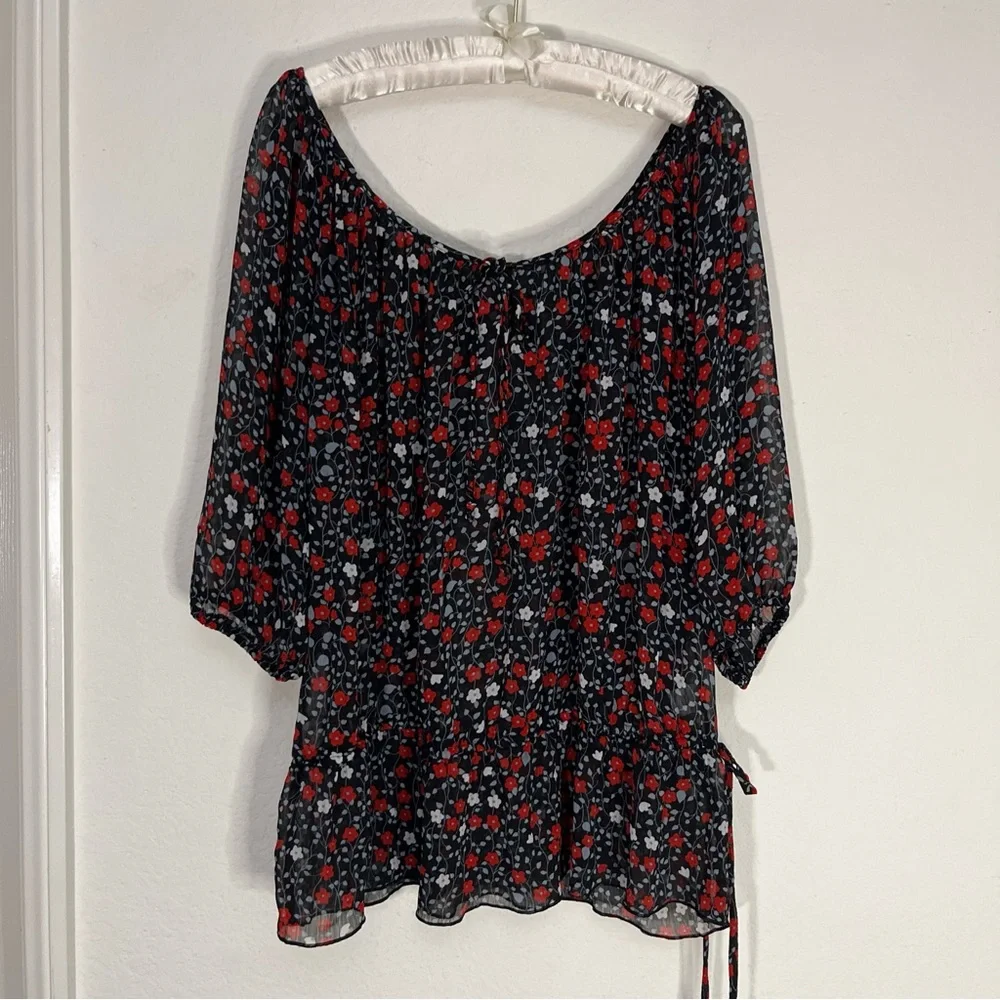 Pure Energy Navy Blouse Red White Blue Floral Shirt Flowy Top Target Plus Sz 1X - Picture 3 of 11